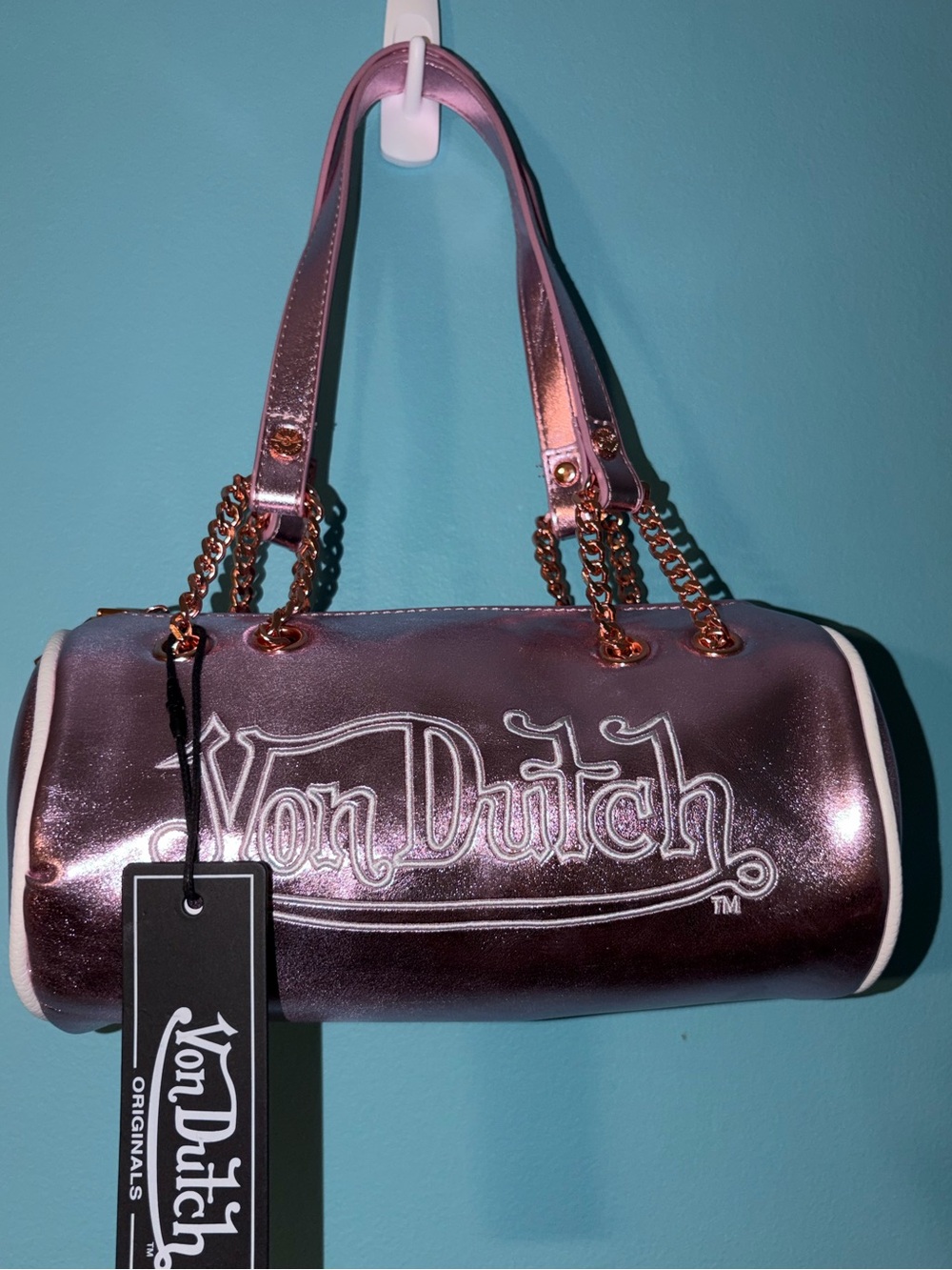 Von Dutch Metallic Rose Pink Barrel Shoulder Bag with Gold Chains